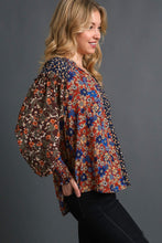 Load image into Gallery viewer, Umgee Mixed Flower Print Split Neck Top in Brick Mix Shirts &amp; Tops Umgee   
