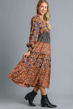 Load image into Gallery viewer, Umgee V Neck Tiered Floral Print Midi Dress in Brick Mix Dresses Umgee   
