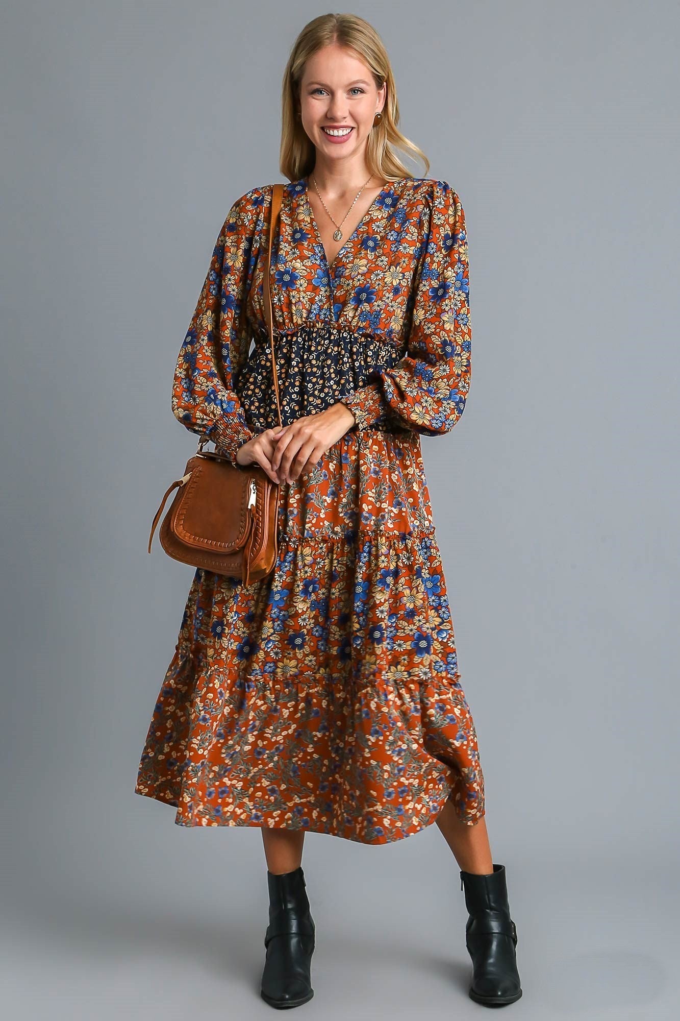 Umgee V Neck Tiered Floral Print Midi Dress in Brick Mix – June Adel