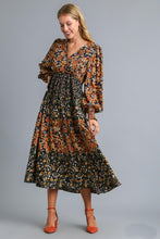 Load image into Gallery viewer, Umgee V Neck Tiered Floral Print Midi Dress in Black Mix Dresses Umgee   
