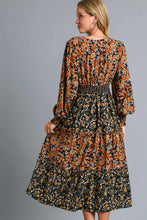 Load image into Gallery viewer, Umgee V Neck Tiered Floral Print Midi Dress in Black Mix Dresses Umgee   
