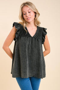 Umgee Snow Washed Pleated Detail Top in Black Shirts & Tops Umgee   