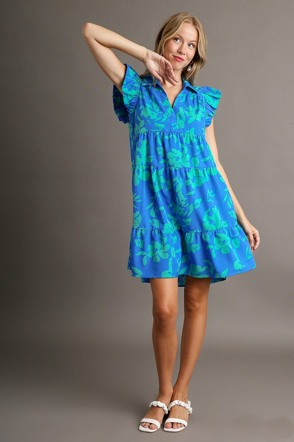 Umgee Floral Print Collar Tiered Dress in Azure Mix Dress Umgee   