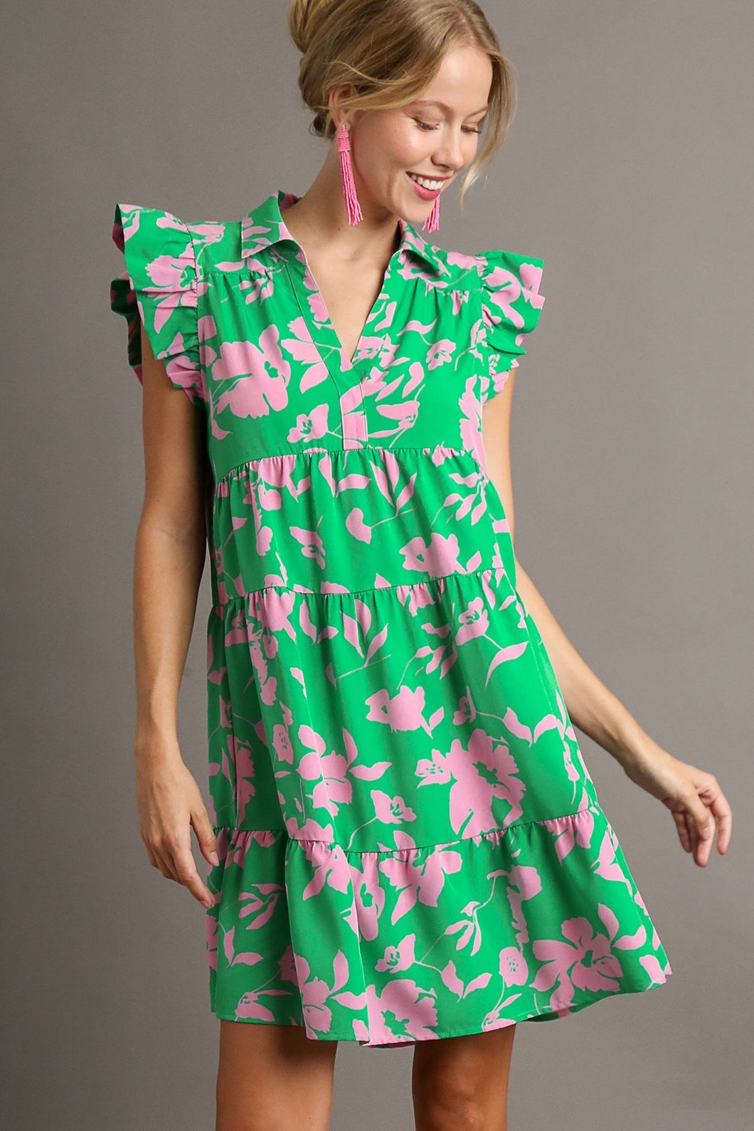 Umgee Floral Print Collar Tiered Dress in Green Mix ON ORDER Dress Umgee   