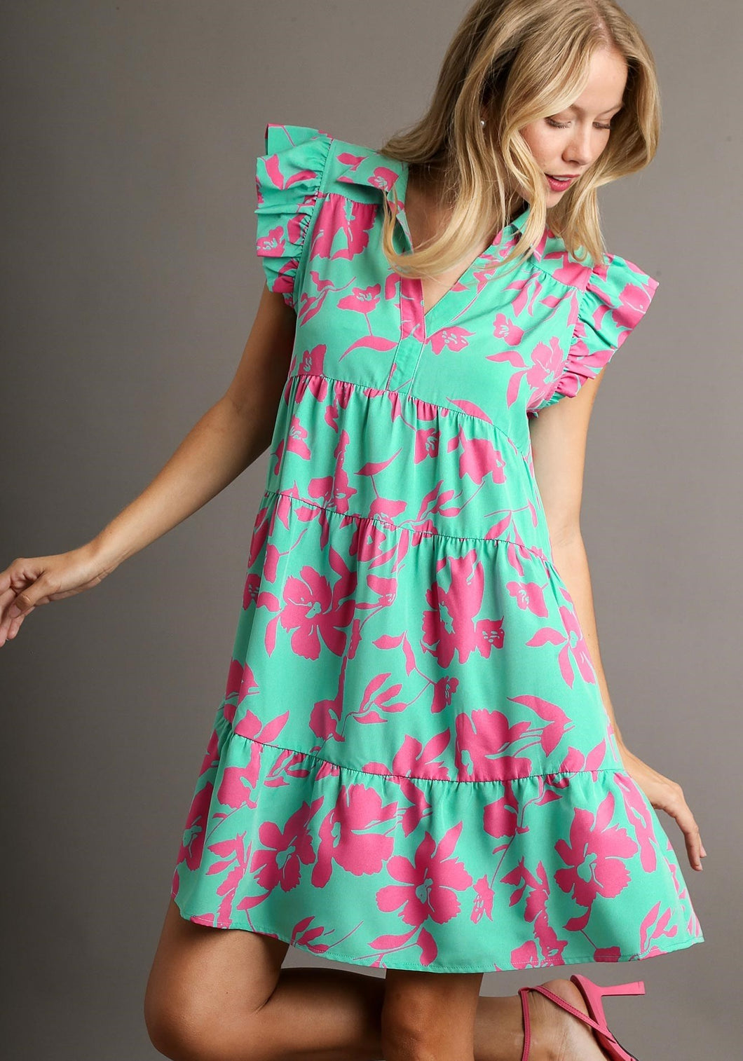 Umgee Floral Print Collar Tiered Dress in Cotton Candy Mix Dress Umgee   