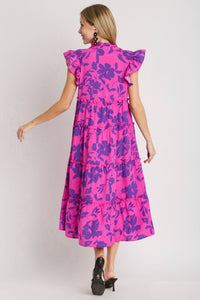 Umgee Split Neck Graphic Floral Print Tiered Maxi Dress in Magenta Mix Dresses Umgee   