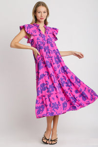 Umgee Split Neck Graphic Floral Print Tiered Maxi Dress in Magenta Mix Dresses Umgee   