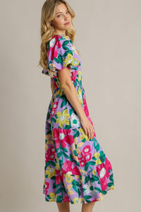 Umgee Bold Floral Midi Dress with Puff Sleeves in Lavender ON ORDER Dress Umgee   