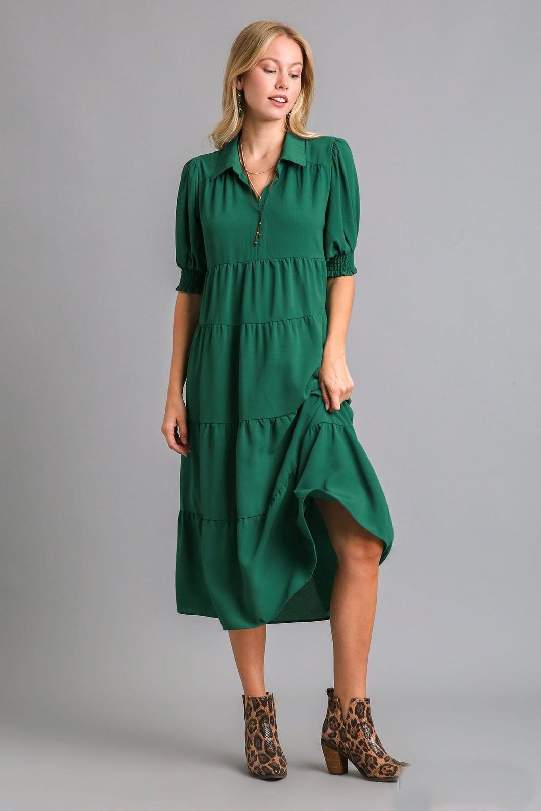 Umgee Collared Tiered Midi Dress in Forest Green Dress Umgee   