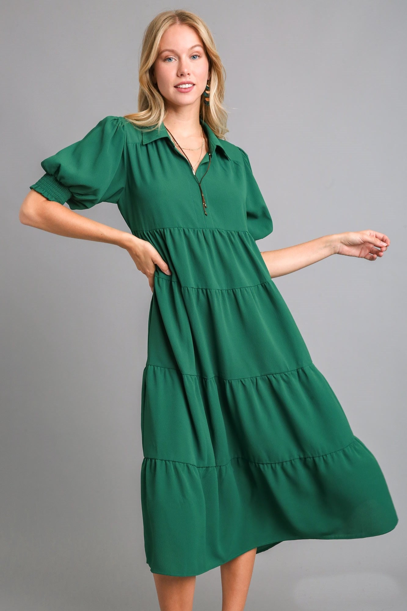 Umgee Collared Tiered Midi Dress in Forest Green – June Adel