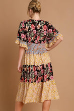 Load image into Gallery viewer, Umgee Mixed Floral Print Tiered V-Neck Midi Dress in Black Mix Dress Umgee   
