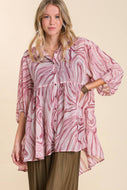 Umgee Marble Print Collared Button Up Shirt in Dusty Rose