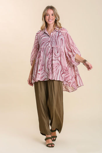 Umgee Marble Print Collared Button Up Shirt in Dusty Rose