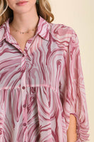 Umgee Marble Print Collared Button Up Shirt in Dusty Rose