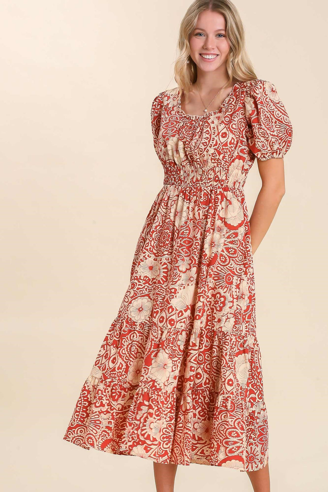Umgee Abstract Floral Print Maxi Dress in Clay Dress Umgee   