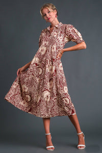 Umgee Printed Midi Dress in Sangria Dress Umgee   