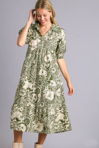 Umgee Printed Midi Dress in Olive Dress Umgee   