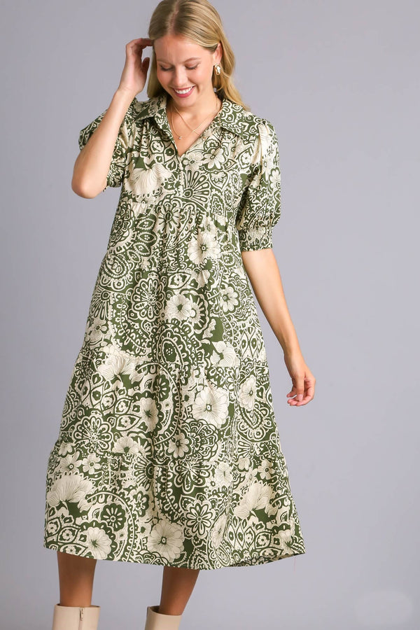 Umgee Printed Midi Dress in Olive Dress Umgee   