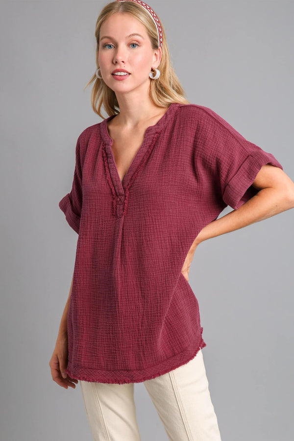Umgee Mineral Wash Gauze Fabric Tunic Top in Wine ON ORDER Top Umgee   