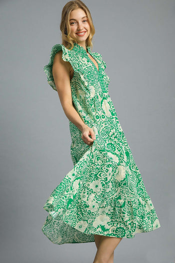 Umgee Floral Boho Print Midi Dress in Green S at June Adel