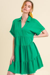 Umgee Linen Blend Tiered Dress in Emerald Green Dresses Umgee   