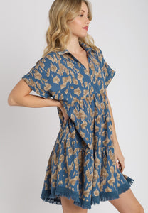 Umgee Animal Print Tiered Dress in Slate Blue Dresses Umgee   