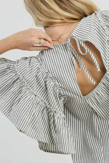 Umgee Striped Ruffled Sleeve Top in Black