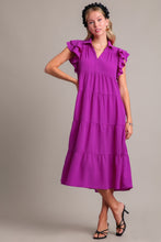 Load image into Gallery viewer, Umgee Tiered Midi Dress with Ruffled Sleeves in Magenta Dresses Umgee   
