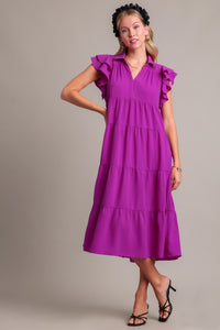 Umgee Tiered Midi Dress with Ruffled Sleeves in Magenta Dresses Umgee   