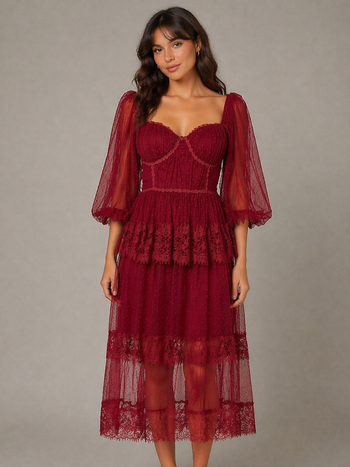 Listicle Mesh Lace Sweetheart Midi Dress in Oxblood