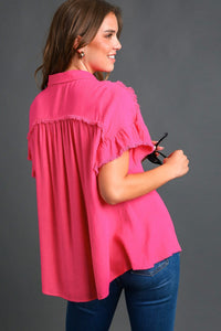 Umgee Button Down Shirt with Fray Detail in Magenta Shirts & Tops Umgee   