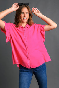 Umgee Button Down Shirt with Fray Detail in Magenta Shirts & Tops Umgee   