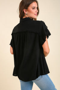 Umgee Button Down Shirt with Fray Detail in Black Shirts & Tops Umgee   