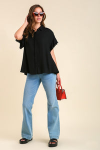 Umgee Button Down Shirt with Fray Detail in Black Shirts & Tops Umgee   