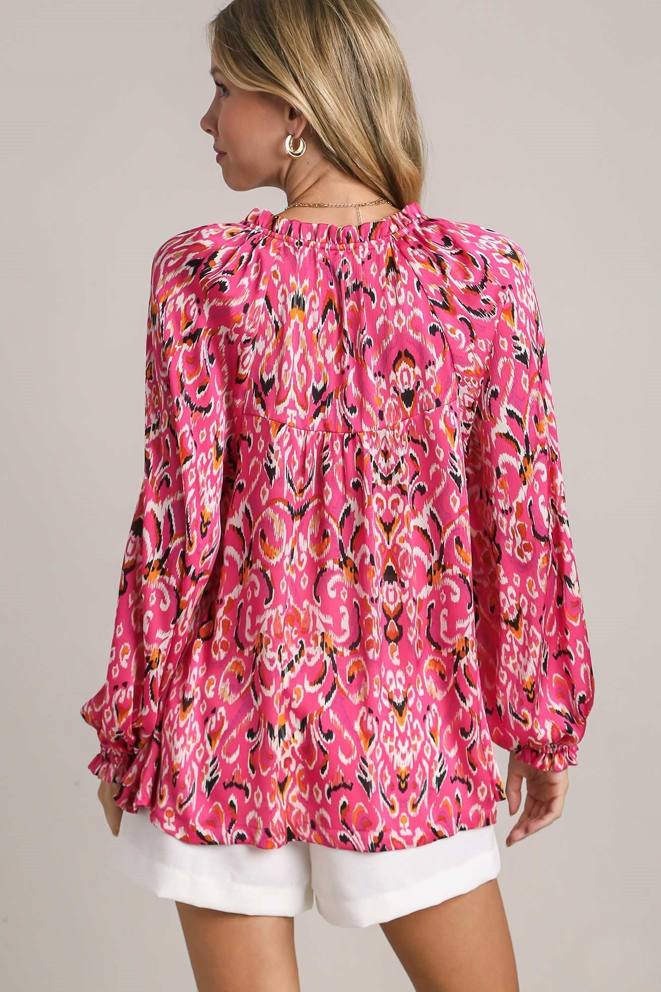 Umgee Satin Mixed Print V-Notched Long Sleeve Top in Pink – June Adel