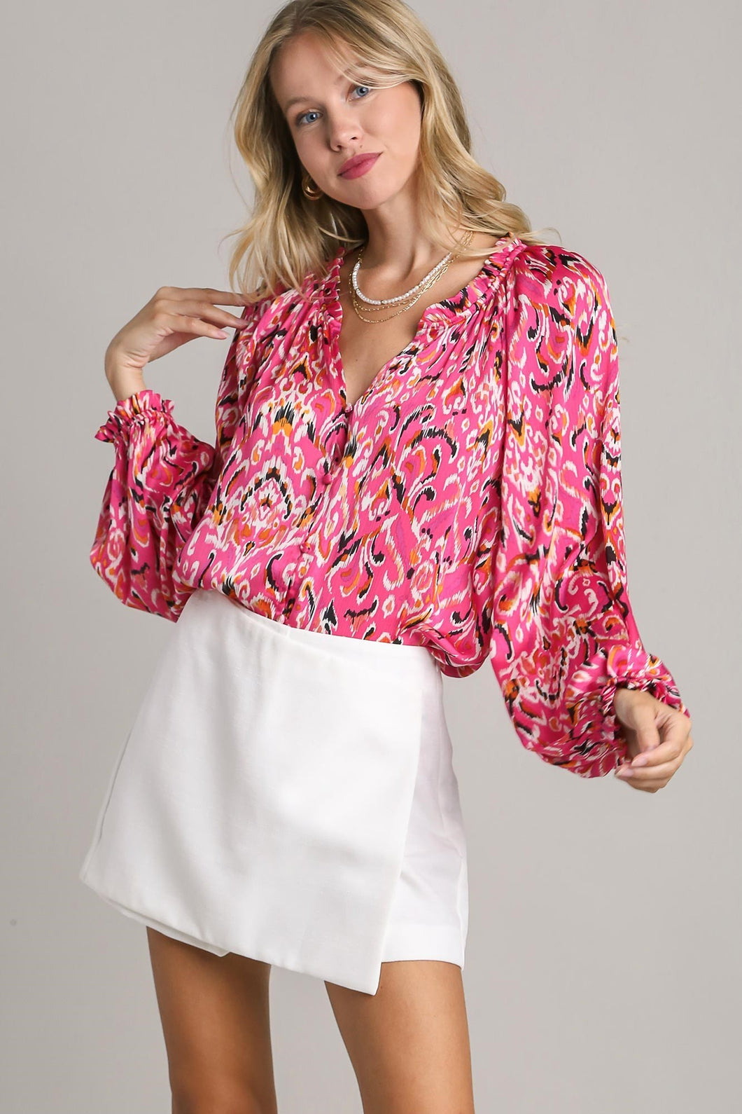 Umgee Satin Mixed Print V-Notched Long Sleeve Top in Pink – June Adel