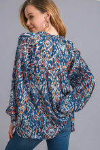 Load image into Gallery viewer, Umgee Satin Mixed Print V-Notched Long Sleeve Top in Dark Teal Shirts &amp; Tops Umgee   
