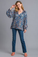 Load image into Gallery viewer, Umgee Satin Mixed Print V-Notched Long Sleeve Top in Dark Teal Shirts &amp; Tops Umgee   
