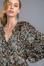 Load image into Gallery viewer, Umgee Satin Mixed Print V-Notched Long Sleeve Top in Black Shirts &amp; Tops Umgee   
