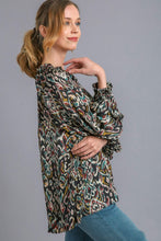 Load image into Gallery viewer, Umgee Satin Mixed Print V-Notched Long Sleeve Top in Black Shirts &amp; Tops Umgee   
