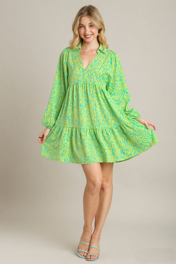 Umgee Two Toned Printed Mini Dress in Lime/Mint Dresses Umgee   