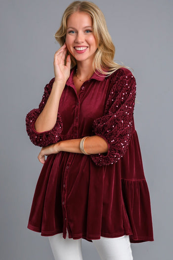 Umgee Velvet Tunic Top with Sequin Contrast in Wine