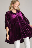 Umgee Velvet Tunic Dress with Sequin Contrast in Eggplant Dresses Umgee   