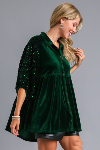 Umgee Velvet Tunic Top with Sequin Contrast in Hunter Green