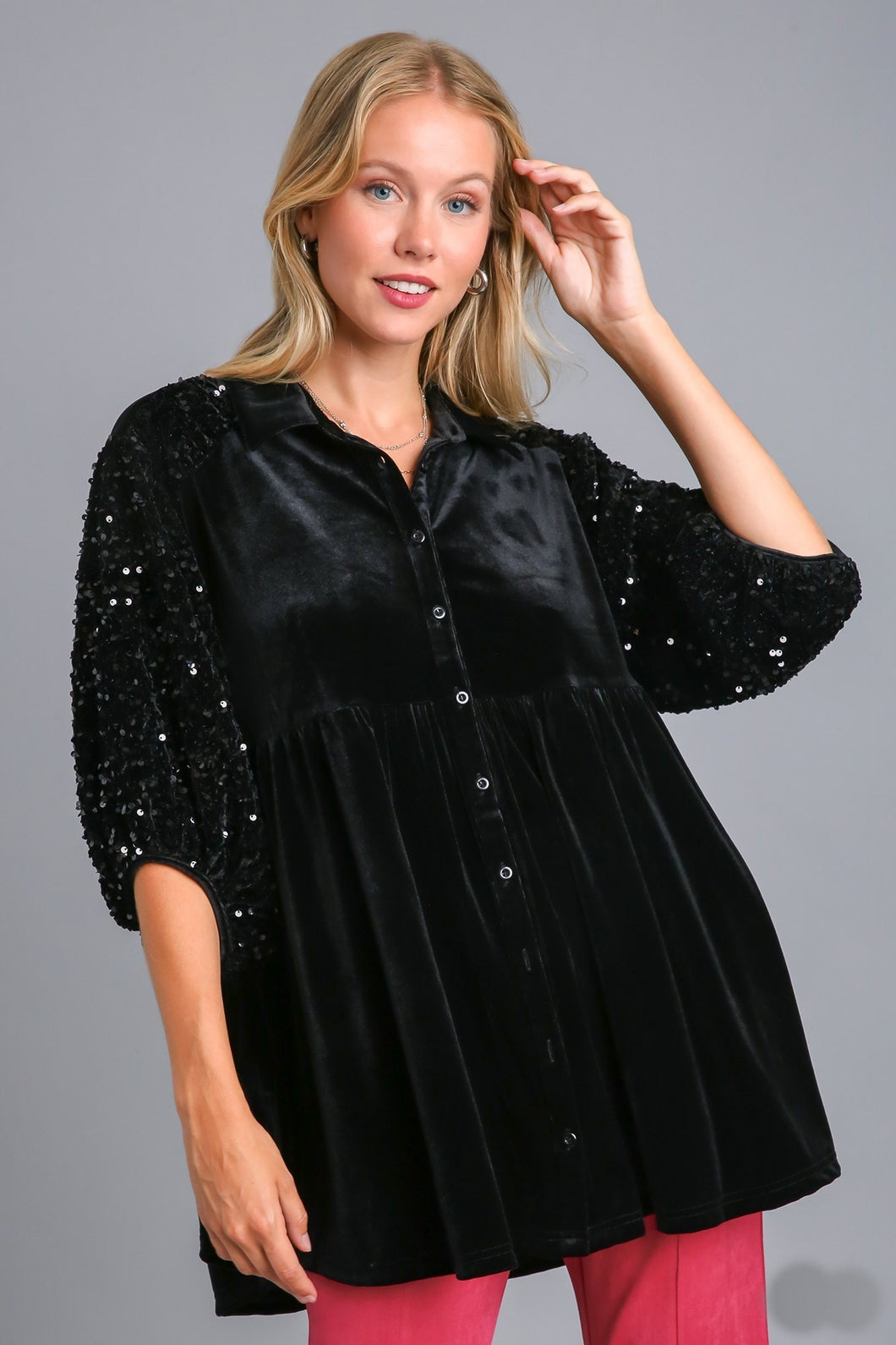 Umgee Velvet Tunic Dress with Sequin Contrast in Black Dresses Umgee   