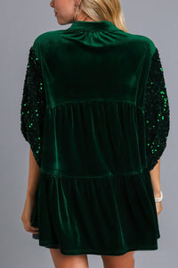 Umgee Velvet Tunic Dress with Sequin Contrast in Hunter Green Dresses Umgee   