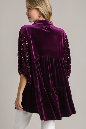Umgee Velvet Tunic Dress with Sequin Contrast in Eggplant Dresses Umgee   
