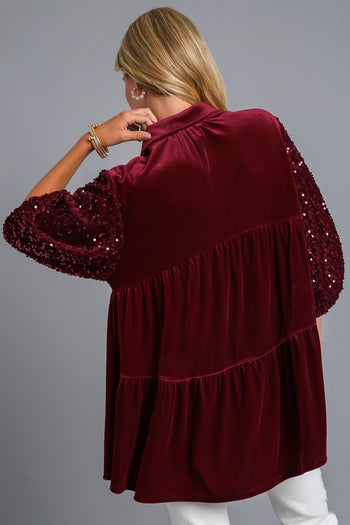 Umgee Velvet Tunic Top with Sequin Contrast in Wine