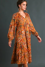 Load image into Gallery viewer, Umgee Floral Print Maxi Dress with Tassel Detail in Camel Dresses Umgee   
