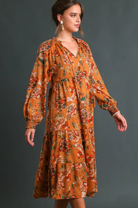 Umgee Floral Print Maxi Dress with Tassel Detail in Camel Dresses Umgee   